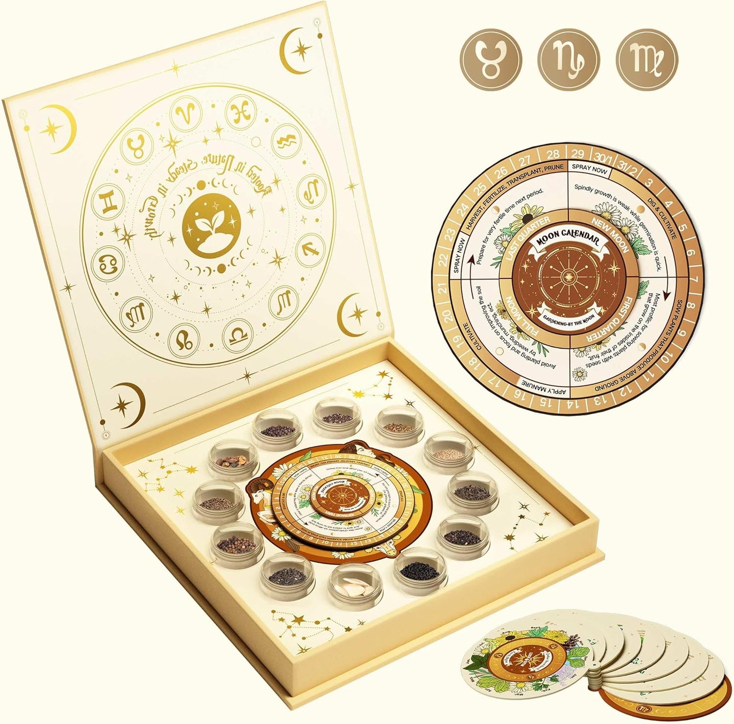 LUSH&DEW Zodiac Garden Seed Bank, 12 Varieties Non-GMO USA-Sourced Heirloom Herb Flower Seeds with Moon Calendar, Gardening Gift for Women Men, Witchcraft Supplies, Earth Sign (Taurus Virgo Capricorn)