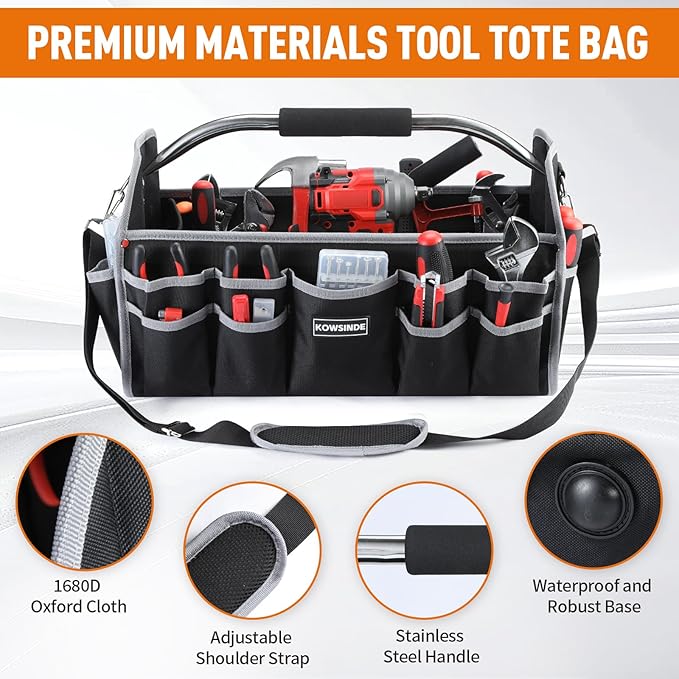 18 Inch Tool Bag, Electrician Tool Bag, Open Top Tool Bags, 26 Pockets Can Hold Many Tools, Steel Handle and Removable Shoulder Strap