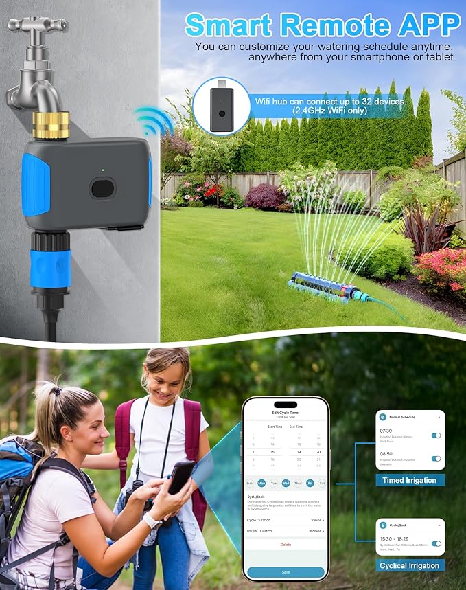 WiFi Sprinkler Timer, Smart Bluetooth Hose Timer, Programmable Automatic Irrigation System with Remote APP, Compatible with Alexa Google, Watering for Outdoor Garden Yard Lawn, 1 Outlet