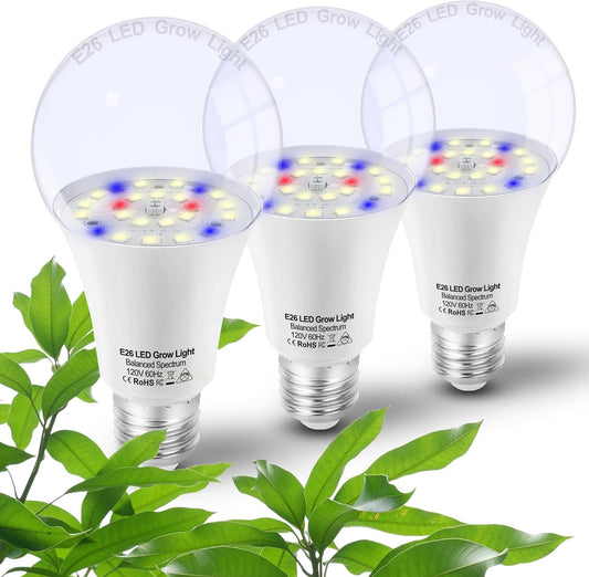 Grow Light Bulbs for Indoor Plants Full Spectrum,E26 A19 Grow LED Lamp Bulb 10W with Balanced Spectrum 5000K Red Blue for Seeds Greens Laboratory,School,Greenhouse, Indore Garden, Hydroponic,3Pack