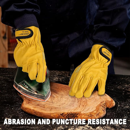 LOCCEF 2 Pairs Leather Work Gloves for Men and Women,Cowhide Leather Gloves Utility Working Gloves