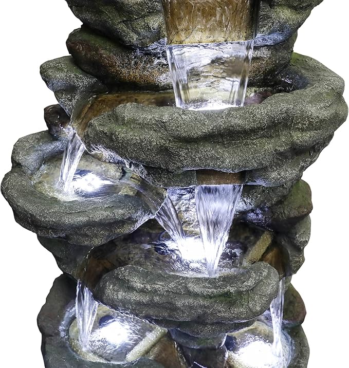 SunJet 51" High Multi-Tiers Cascading Rock Outdoor Water Fountain with LED Lights - Large Outdoor Resin Fountains and Waterfalls for Garden or Patio, Yard, Deck Decor, Featuring Natural Stone Look