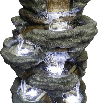 SunJet 51" High Multi-Tiers Cascading Rock Outdoor Water Fountain with LED Lights - Large Outdoor Resin Fountains and Waterfalls for Garden or Patio, Yard, Deck Decor, Featuring Natural Stone Look