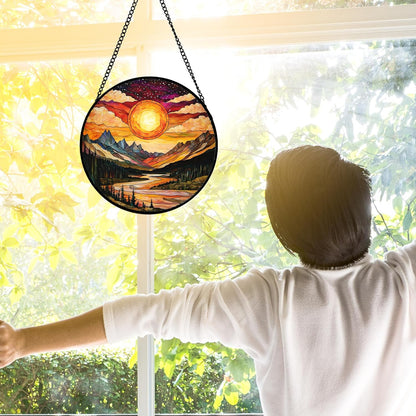 Stained Glass Window Hanging, Dusk Sunset Landscape Sun Catchers Glass Panel Lakes and Mountains Suncatcher Decor for Birthday for Women, Men, Wife, Aunt, and Mom 6.3 in
