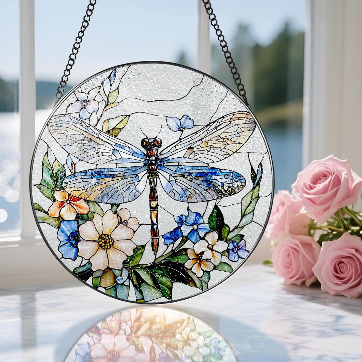 Stained Glass Window Hanging, 8 Inch Dragonfly Stained Glass Suncatcher, Sun Catchers Indoor Window, Dragonfly Decor, Mother's Day, Christmas, Birthday Gift, Gifts for Mom, Sisters, Bestie, and Woman