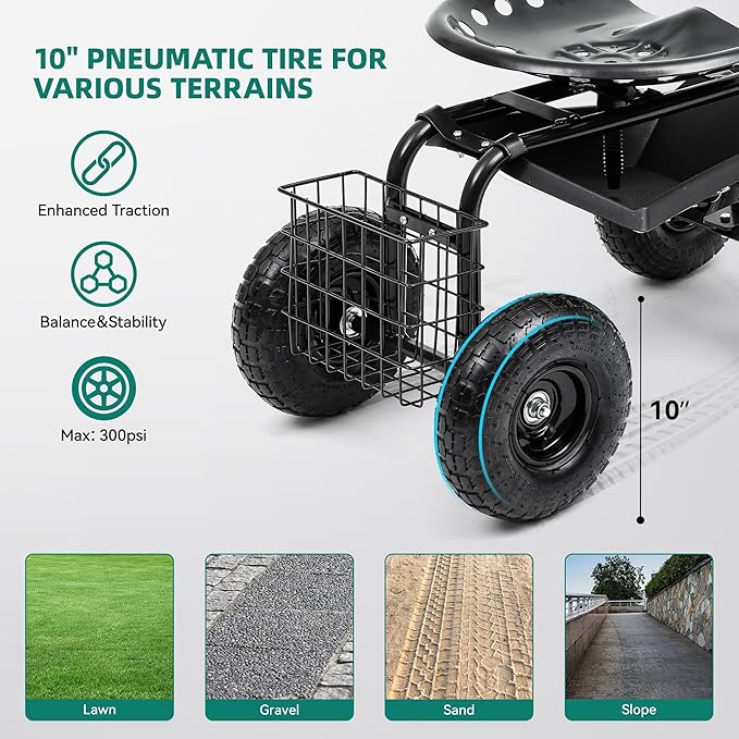 Rolling Garden Cart with 360° Swivel Work Seat, Adjustable Height, 10" Pneumatic Tires, Tool Tray & Storage Basket, Extendable Handle, Reduces Back & Spine Strain