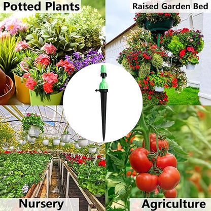 Drip Irrigation Emitters for 1/4" Irrigation Tubing, 25 Pack Integrated Drip Irrigation Stream Emitters & Adjustable Atomizing Nozzles with Stake Adjustable 360 Degree Water Flow Sprayer