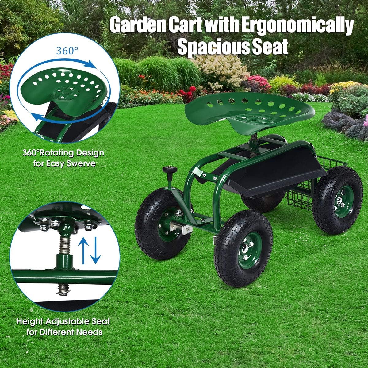 Goplus Garden Seat with Wheels, Rolling Garden Cart with 360 Degree Swivel Seat for Planting, Gardening Stool w/Tool Tray, Basket, Gardening Chair Workseat, Patio Wagon Scooter for Seniors