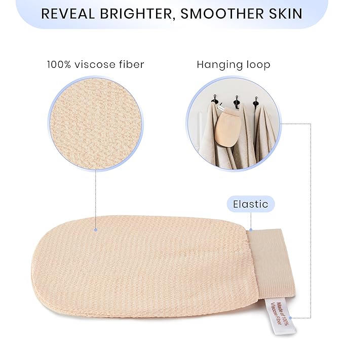 Korean Exfoliating Mitt for Remove Dead Skin. 2 Pack 100% Viscose Kessa Deep Exfoliating Gloves for Body Scrub, Keratosis Pilaris & Self Tanning Removal. Smooth Skin Surface. (Muted Peach)