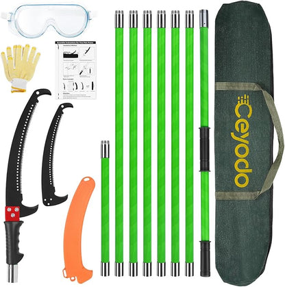 Manual Pole Saw 27ft Extendable Tree Pruner Manual Branches Trimmer Tree Branch Garden Tools Loppers Hand Pole Saws with Lightweight 8 Fiberglass Handles, for Pruning Palms and Shrubs
