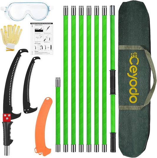 Manual Pole Saw 27ft Extendable Tree Pruner Manual Branches Trimmer Tree Branch Garden Tools Loppers Hand Pole Saws with Lightweight 8 Fiberglass Handles, for Pruning Palms and Shrubs