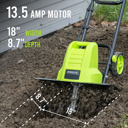 STEELITE 18 Inch Width Electric Tiller Cultivator, 8.7-Inch Depth Electric Rototiller with 24 Durable Steel Tines, 13.5 Amp Corded Cultivator for Gardening, 2-Adjustable Wheels for Garden Lawn Yard