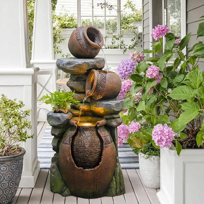 Outdoor Garden Water Fountain for Garden, Patio, Backyard, Deck, Porch and Home Art Decor, 3 Tiers Modern Cascading Outdoor Fountain with Lights 38.4" H