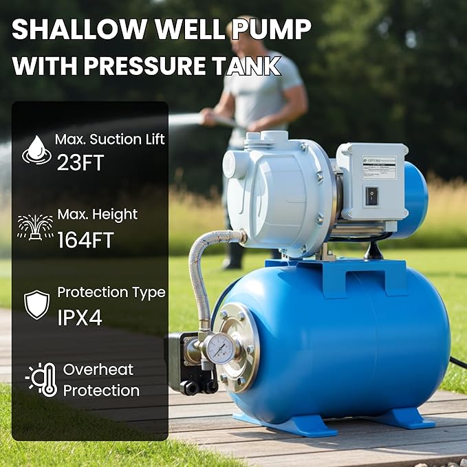 FOTING 1.5HP Shallow Well Pump with Pressure Tank, 115V 1340GPH Automatic Irrigation Water Booster Jet Pump, Water Pumps Booster System 164FT for Home Garden Lawn Farm