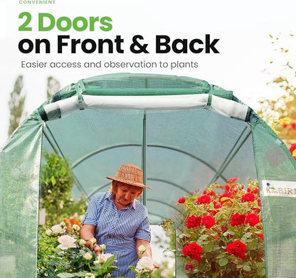 KING BIRD Premium 15x6.6x6.6FT Greenhouse for Outdoors, Large Walk-in Upgraded Galvanized Metal Frame, Mesh Door Screen Window Improved Zipper Tunnel Hoop for Garden Plant Winter, 2 Stiffeners, Green