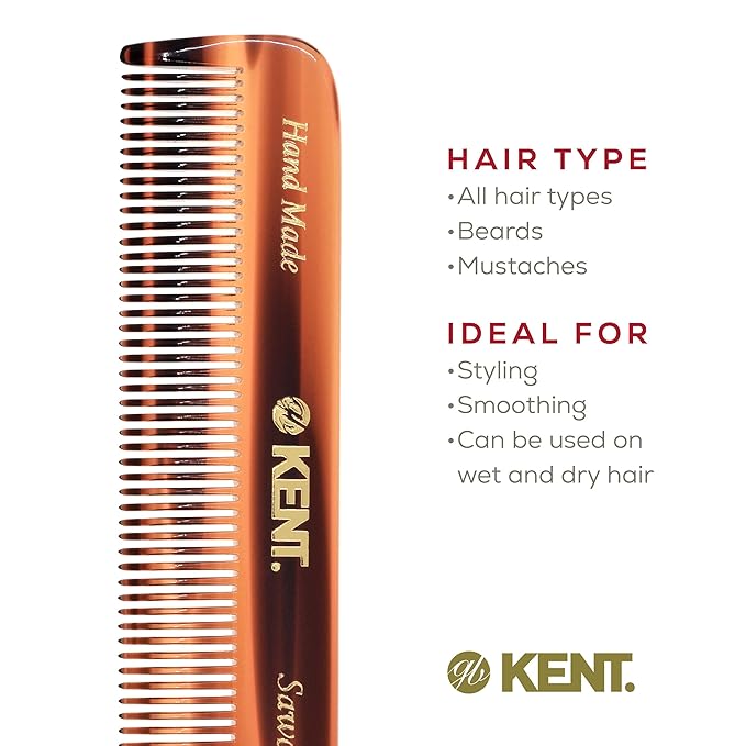 Kent FOT Tortoise Fine Tooth Handmade Pocket Comb for Men, Women and Kids, Hair Comb Straightener for Everyday Grooming and Styling, Beard and Mustache, Saw Cut and Hand Polished, Made in England