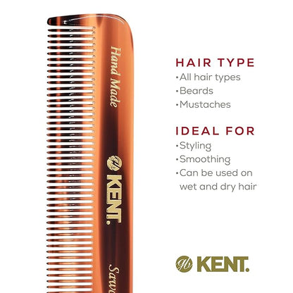 Kent FOT Tortoise Fine Tooth Handmade Pocket Comb for Men, Women and Kids, Hair Comb Straightener for Everyday Grooming and Styling, Beard and Mustache, Saw Cut and Hand Polished, Made in England