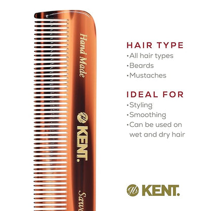 Kent A FOT Tortoiseshell Fine Tooth Handmade Pocket Comb for Men, Women and Kids, Hair Comb Straightener for Grooming and Styling, Beard and Mustache, Saw Cut and Hand Polished, Made in England