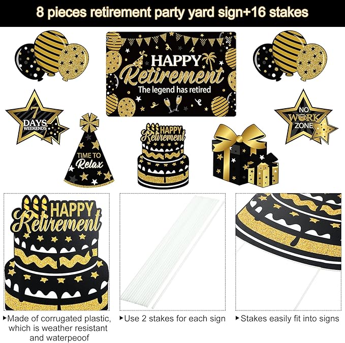 Yulejo 8 Pieces Retirement Yard Sign Decorations Happy Retirement Yard Signs Retirement Lawn Sign with Stakes for Outdoor Retirement Party Supplies 16inch (Black and Gold)