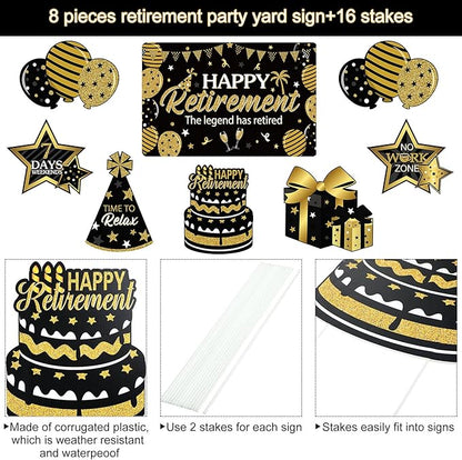 Yulejo 8 Pieces Retirement Yard Sign Decorations Happy Retirement Yard Signs Retirement Lawn Sign with Stakes for Outdoor Retirement Party Supplies 16inch (Black and Gold)