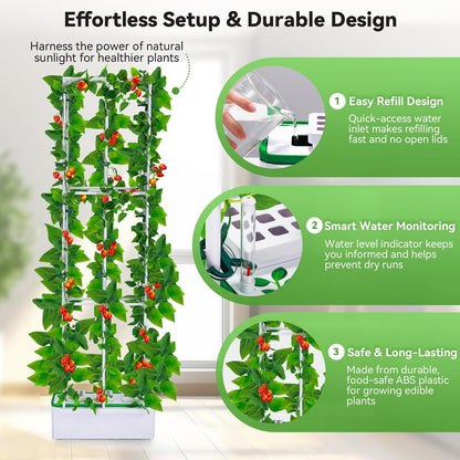 BAOSHISHAN Hydroponics Growing System, with Trellis 60" Height Adjust Indoor Gardening System, Pollinator&Vine Securing Clip, Hydroponic Tower for Tomato Pepper Cucumber Vines Plant