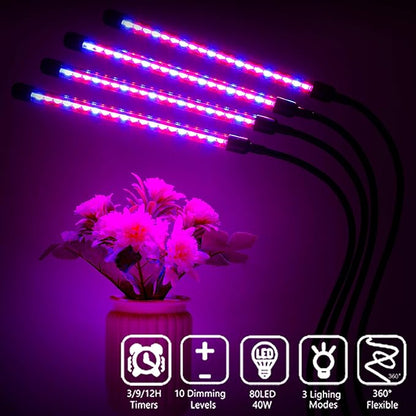 Plant Grow Lights for Indoor Plants Full Spectrum,80 LED Plant Lights for Indoor Growing with Timer, 4 Head Clip Indoor Plant Grow Lamp for House Plants with 3 Lighting Mode/10 Brightness