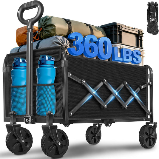 Wagons Carts Foldable,360 lbs Collapsible Wagon with Wheels Foldable Wagon Cart with Flexible Handle,Lightweight Portable Folding Cart for Camping Beach Picinic Grocery Outdoor Sports Shopping(Black)
