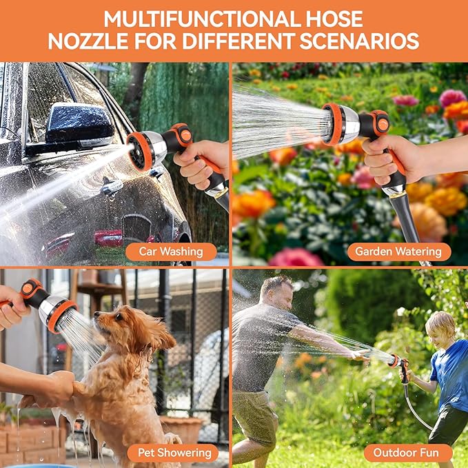 Garden Water Hose Nozzle Metal Heavy Duty Sprayer Thumb Control with 10 Spray Modes Suitable for Watering Plants, Iawn and Garden, Car Washing, Cleaning, Showering Pets and Outdoor Fun, Orange