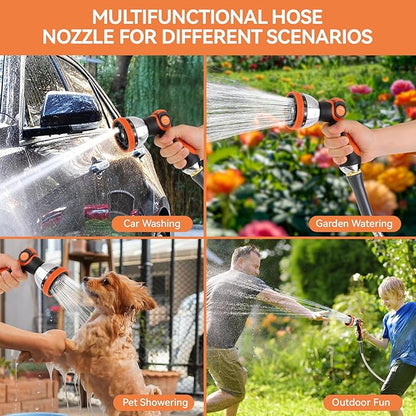 Garden Water Hose Nozzle Metal Heavy Duty Sprayer Thumb Control with 10 Spray Modes Suitable for Watering Plants, Iawn and Garden, Car Washing, Cleaning, Showering Pets and Outdoor Fun, Orange