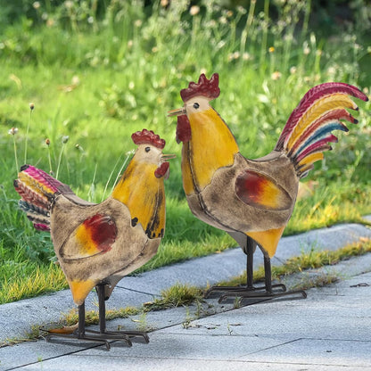 Metal Rooster and Hen Statues Set of 2, Indoor Outdoor Chicken Yard Art Decorations, Farmhouse Kitchen Table Garden Patio Lawn Decor, Gray Yellow Sculptures 12.2x11.5 Inch