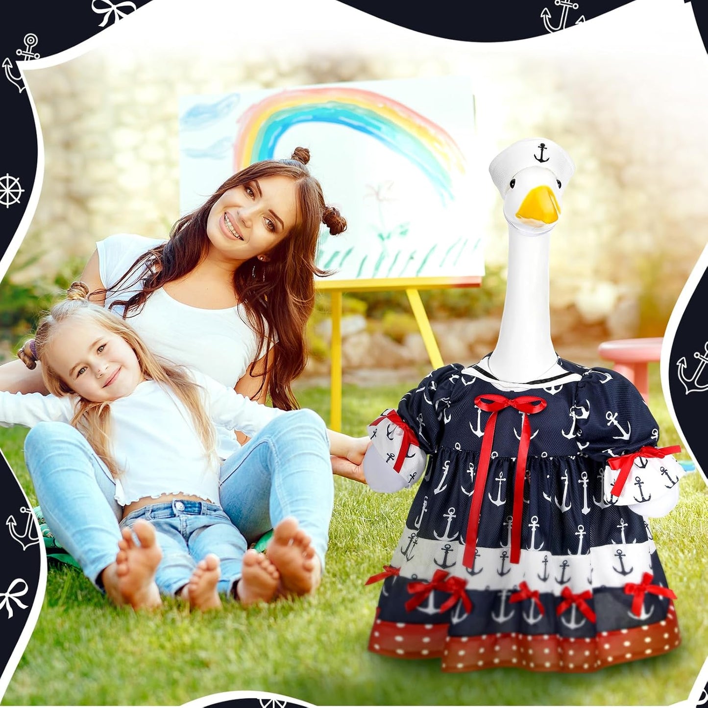 Summer Porch Goose Outfit Nautical Party Sailor Goose Clothes for 23" High Cement or Plastic Geese Costume Cruise Dresses for Yard Lawn Outdoor Garden Patio Anchor Ocean Holiday Beach Decor