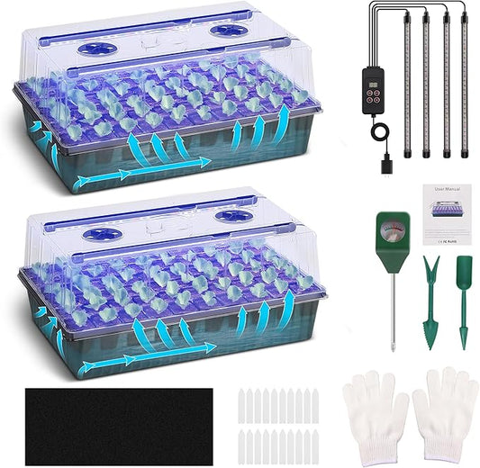 120-Cell Self-Watering Seed Starter Tray with Grow Light, 1–24H Timer, Humidity Dome, Soil pH Meter, Gloves, Seedling Tools – Indoor Seed Starting Kit for Plant Germination, Herbs, Vegetables, Flowers