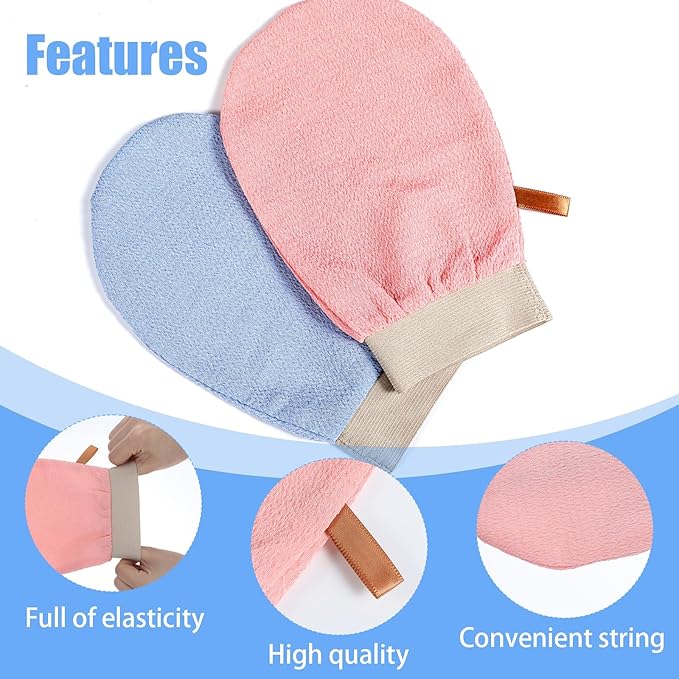 4 Pcs Exfoliating Glove Korean Exfoliating Mitt Body Exfoliator Glove Scrub Gloves Shower Gloves Dead Skin Remover for Body, Self-Tan Prep & Removal, Blue, Green, Black, Pink