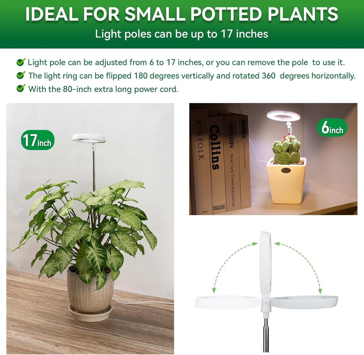 Plant Lights for Indoor Growing, Full Spectrum Grow Light with 48 LEDs, 5 Dimmable Levels Super Bright Halo Grow Lights, with Automatic Timer, Height Adjustable 7"-17", Pack of 3