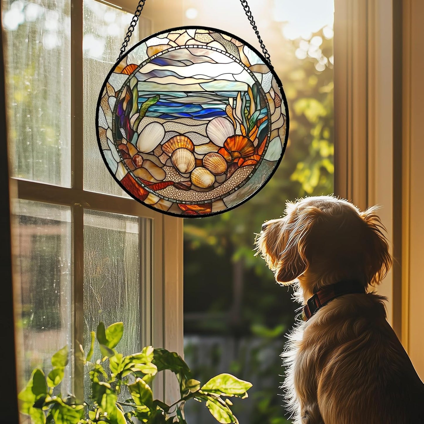 Stained Glass Window Hanging Conch Shells Ocean Seaweed Large 15" - Suncatcher Door Garden Sunroom Sun Catcher Home Decor Housewarming Birthday for Mom Grandma Men Woman