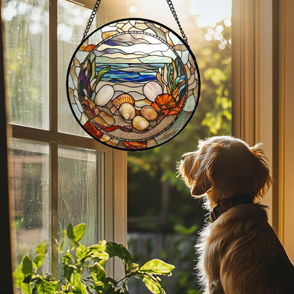 Stained Glass Window Hanging Conch Shells Ocean Seaweed Large 15" - Suncatcher Door Garden Sunroom Sun Catcher Home Decor Housewarming Birthday for Mom Grandma Men Woman