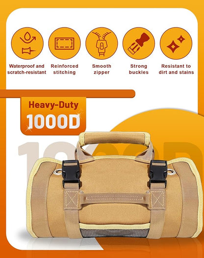QcoQce Heavy Duty Oxford Tool Roll, Waterproof Durable Tool Bag with 6 Pockets, Tool Organizer for Garage, Vehicle Maintenance, Home Repairs, Portable Roll Up Tool Bag Gift for Men