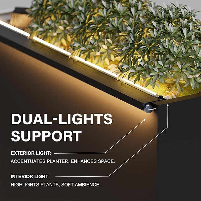 GSK 30" L Black LED Metal Planter Rectangle Flower Box Light Strips ×2 Galvanized Trough Indoor Rectangular Outdoor Patio Terrace Balcony Garden Plant with Drainage Holes & Insert