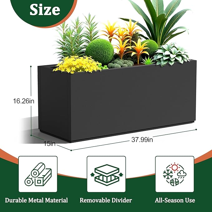 Large Rectangle Planter Metal Black Planter Box with a Drainage Hole and a Removable Divider Indoor Outdoor Porch Pots for Tall Plants, Trees, Flowers 37.99"x 15" x 16.26" Black