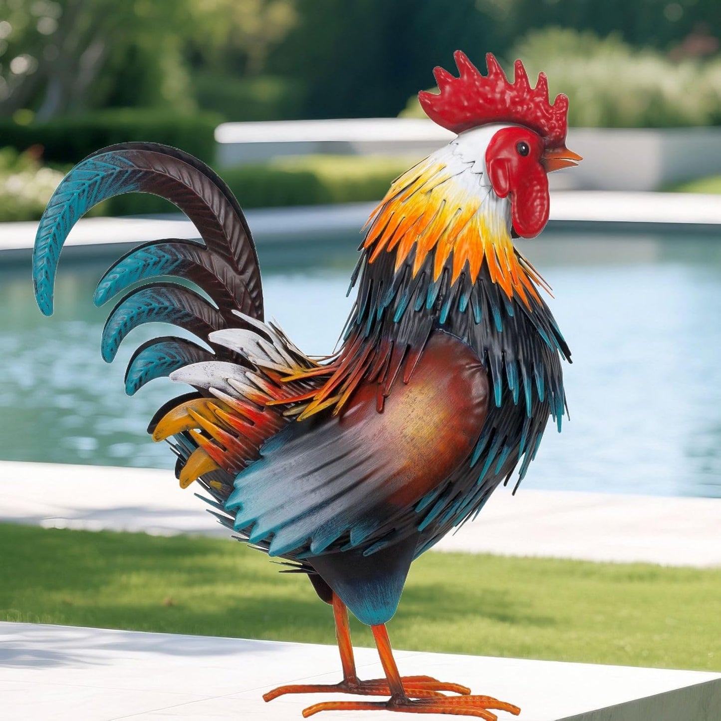 Rooster Garden Statue Sculpture Metal Chicken Yard Decor Outdoor Figurines Patio Backyard Decoration (Yellow)
