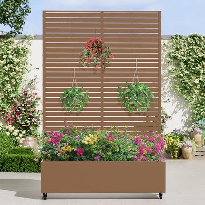 Casaphoria Metal Raised Garden Bed with Trellis and Wheels, 72"x47"x16" Planter Box for Climbing Plants, Vegetables & Vines, Features Drainage Holes and Privacy Screen (Brown-Louvered)
