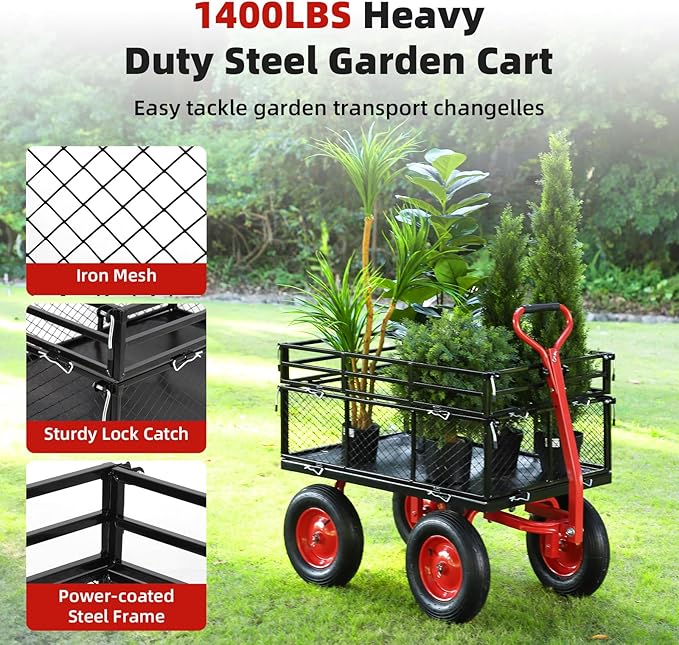 GarveeLife Steel Garden Cart 1400 LBS Capacity, Heavy Duty Steel Utility Wagon with Removable Sides, 2 in-1 Handle and 16 in Tires, Utility Metal Wagon Perfect for Garden, Farm, Yard