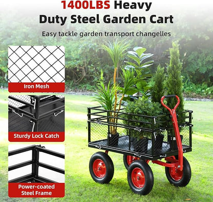 GarveeLife Steel Garden Cart 1400 LBS Capacity, Heavy Duty Steel Utility Wagon with Removable Sides, 2 in-1 Handle and 16 in Tires, Utility Metal Wagon Perfect for Garden, Farm, Yard
