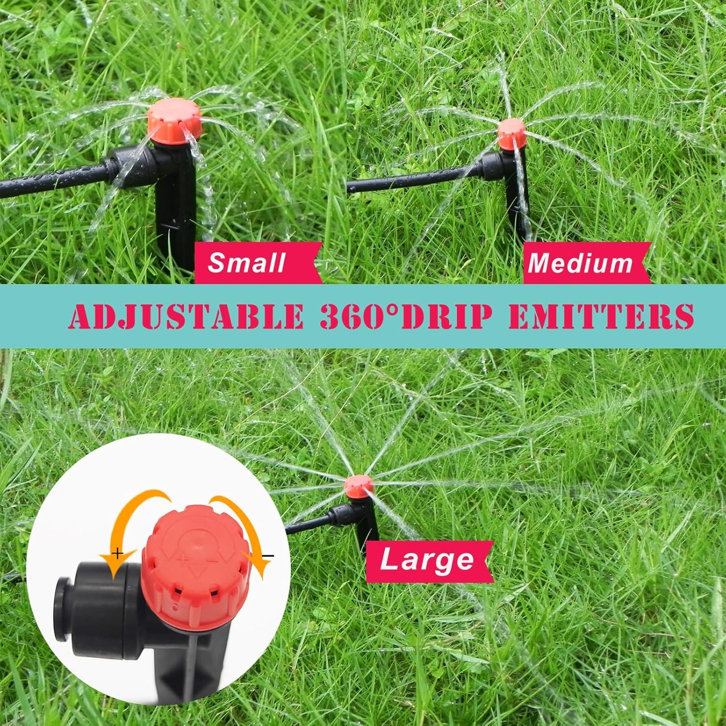 30pcs Drip Irrigation Emitters - Push-to-Quick Connect to 1/4" Tube - Adjustable 360 Degree Drippers Emitters Vortex on 5.3" Stakes-Garden Watering System (Red Emitters Stream-30PCS)