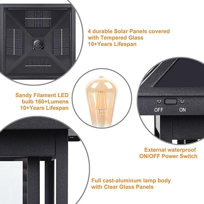 KMC Lighting ST4343Q-B Solar Post Light Outdoor Waterproof Black Aluminum Upgrade 300 LM for Post Lawn Yard Pathway Garden Entryways Decoration