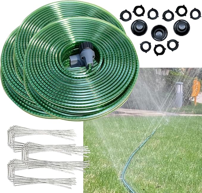 150 FT (50FT*3) Flat Sprinkler Hose for Lawn Watering Garden Soaker Hose with Holes, Heavy Duty Lightweight No-Kink Water Hose with Stakes, Irrigation Hose, Great Fun for Kids and Dog
