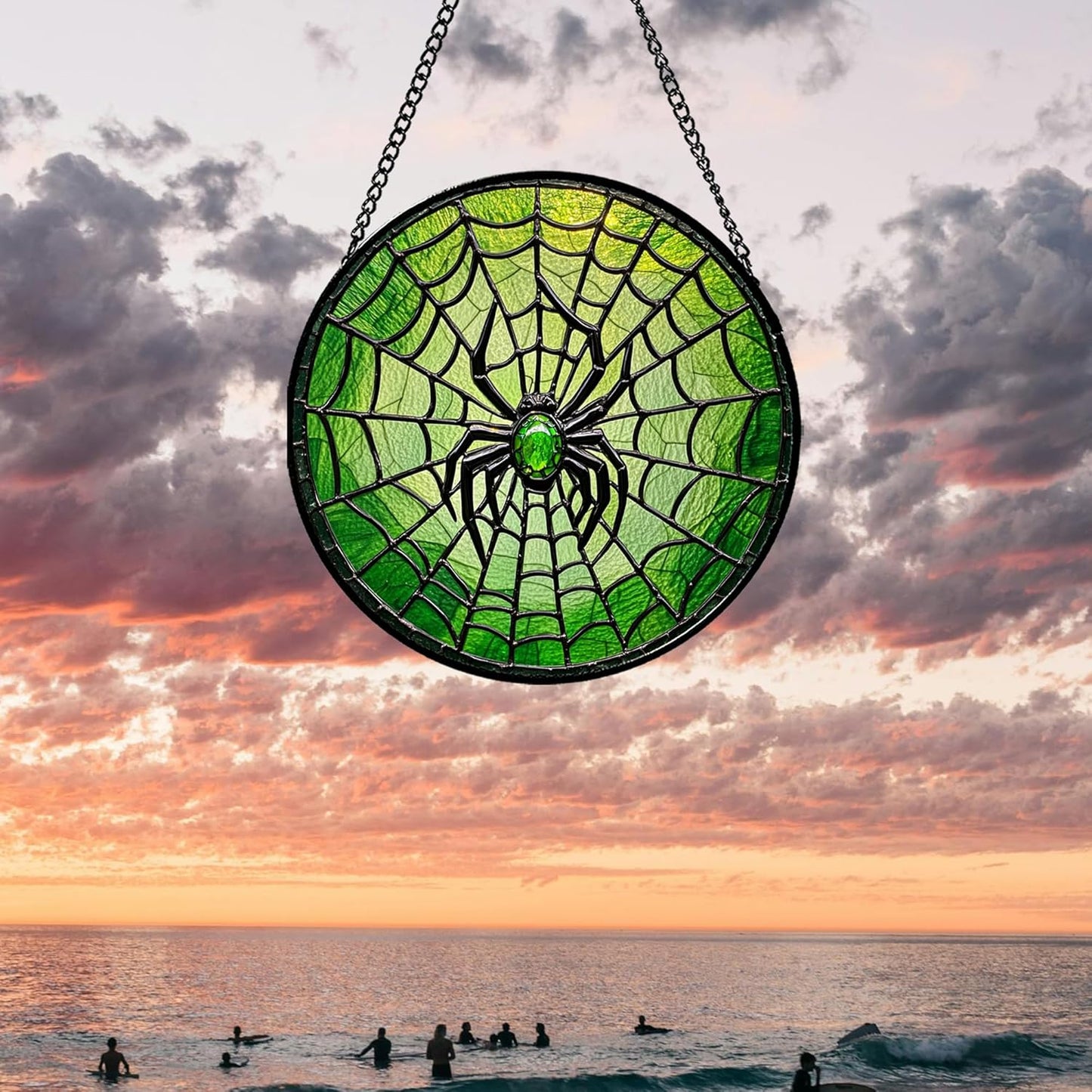 Glass Window Hanging - Black Green Horror Spider Web Suncatcher for Doors Garden Patio Sun Catchers Decor Christmas Halloween Birthday Gifts for Women Men Mom Nana Friend 15 in