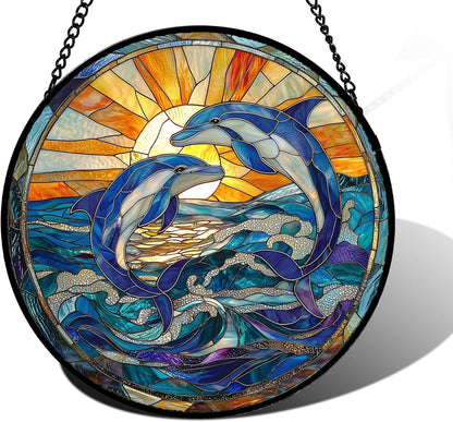 Stained Glass Window Hanging, Blue Dolphin Sun Catchers Colorful Glass Panel Sunrise Sea View Suncatcher Decor for Birthday for Women, Men, Wife, Aunt, and Mom 11.8x11.8 in