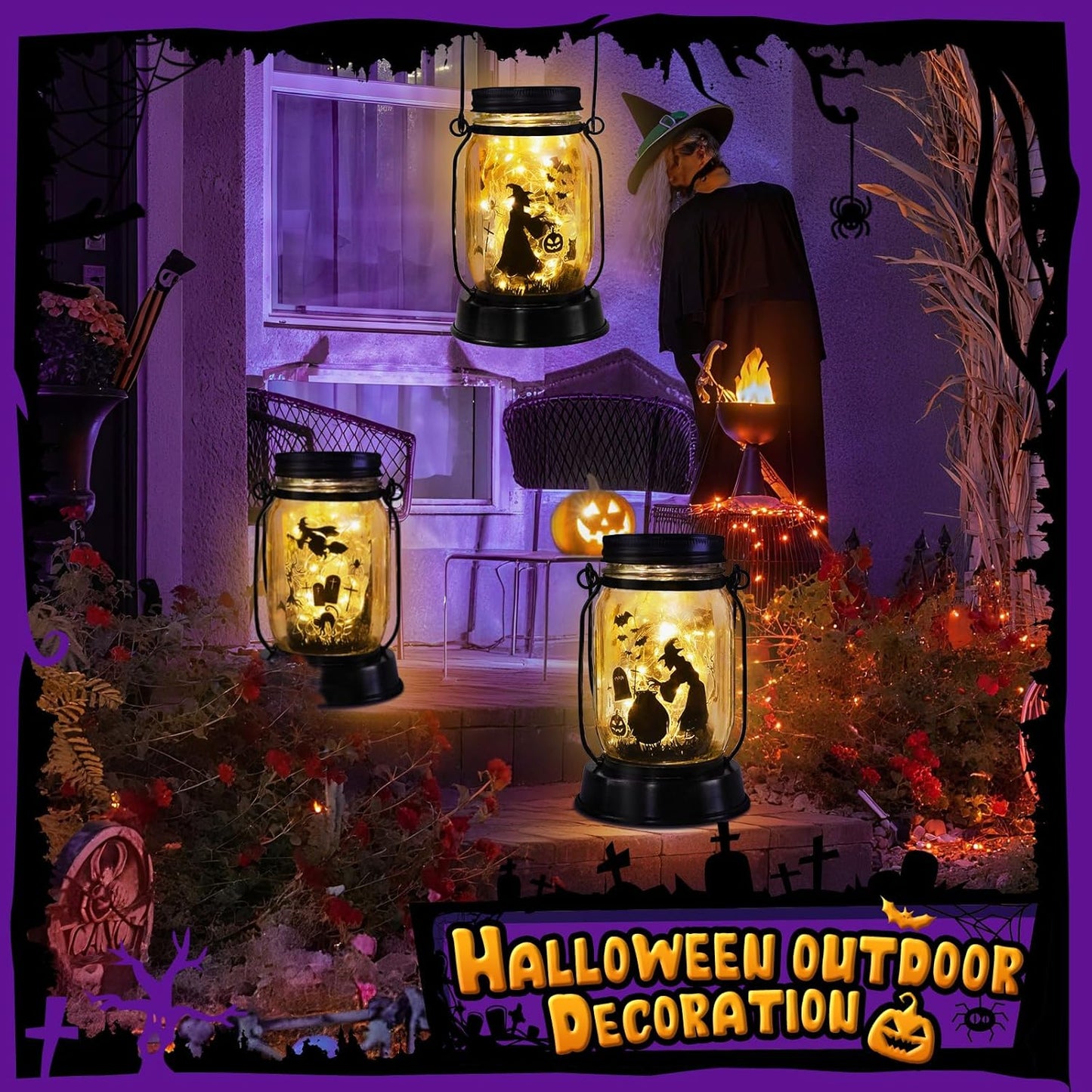 kyoryuger Halloween Decorations Halloween Decor Witch Solar Lanterns Witch Decorations Outdoor Lights Solar Garden for Yard, Patio,Backyard,Porch Torches Lights