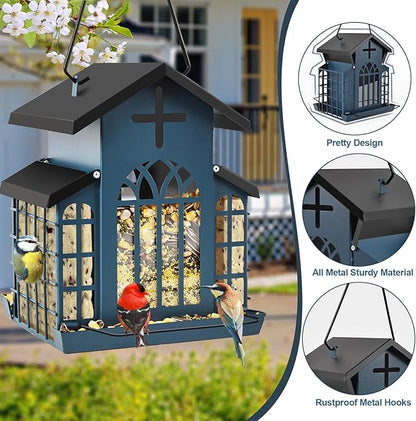 5LB Church Metal Hanging Bird Feeder for Outdoors, Weatherproof Suet Feeders for Outside Hanging, Large Bird Feeders Great for Attracting Finch, Woodpecker and More Wild Birds-White
